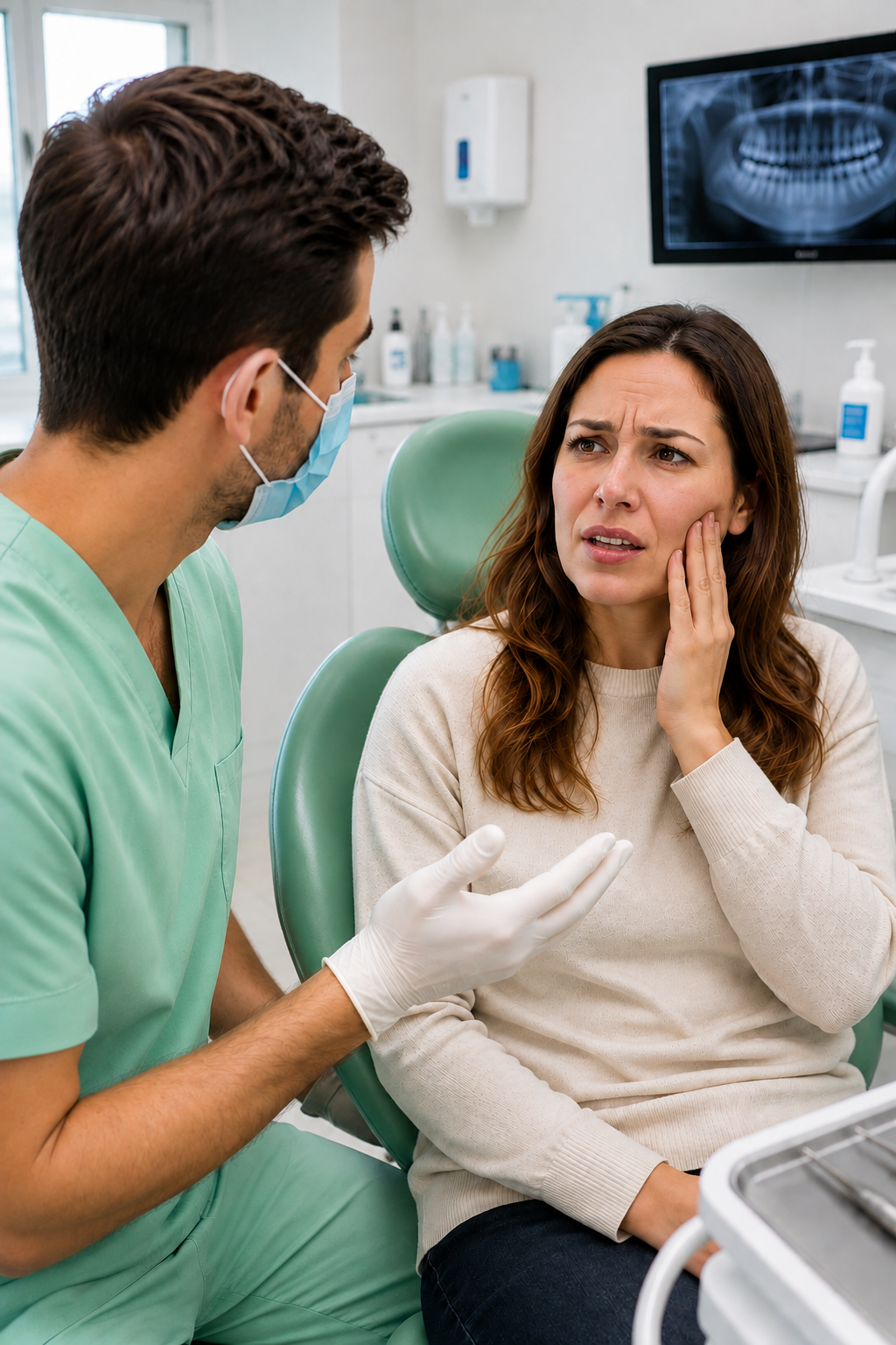 Dentist reassuring a patient in the treatment chair