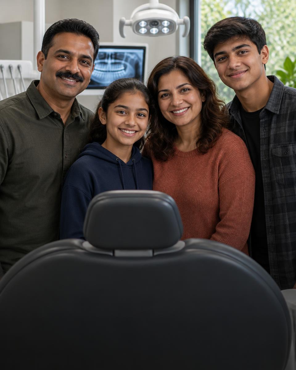Parents with their tween daughter and teenage son at the dental clinic