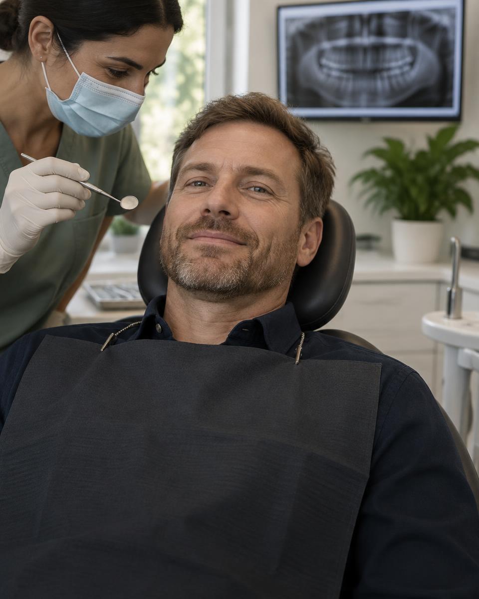 Female dentist examining a male patient in his forties