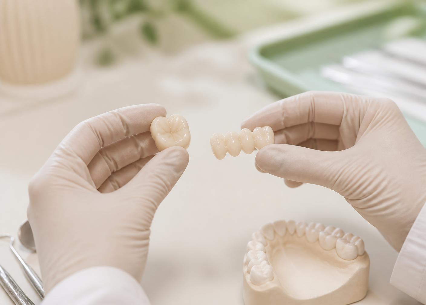 Dental crown and bridge models held by a dentist