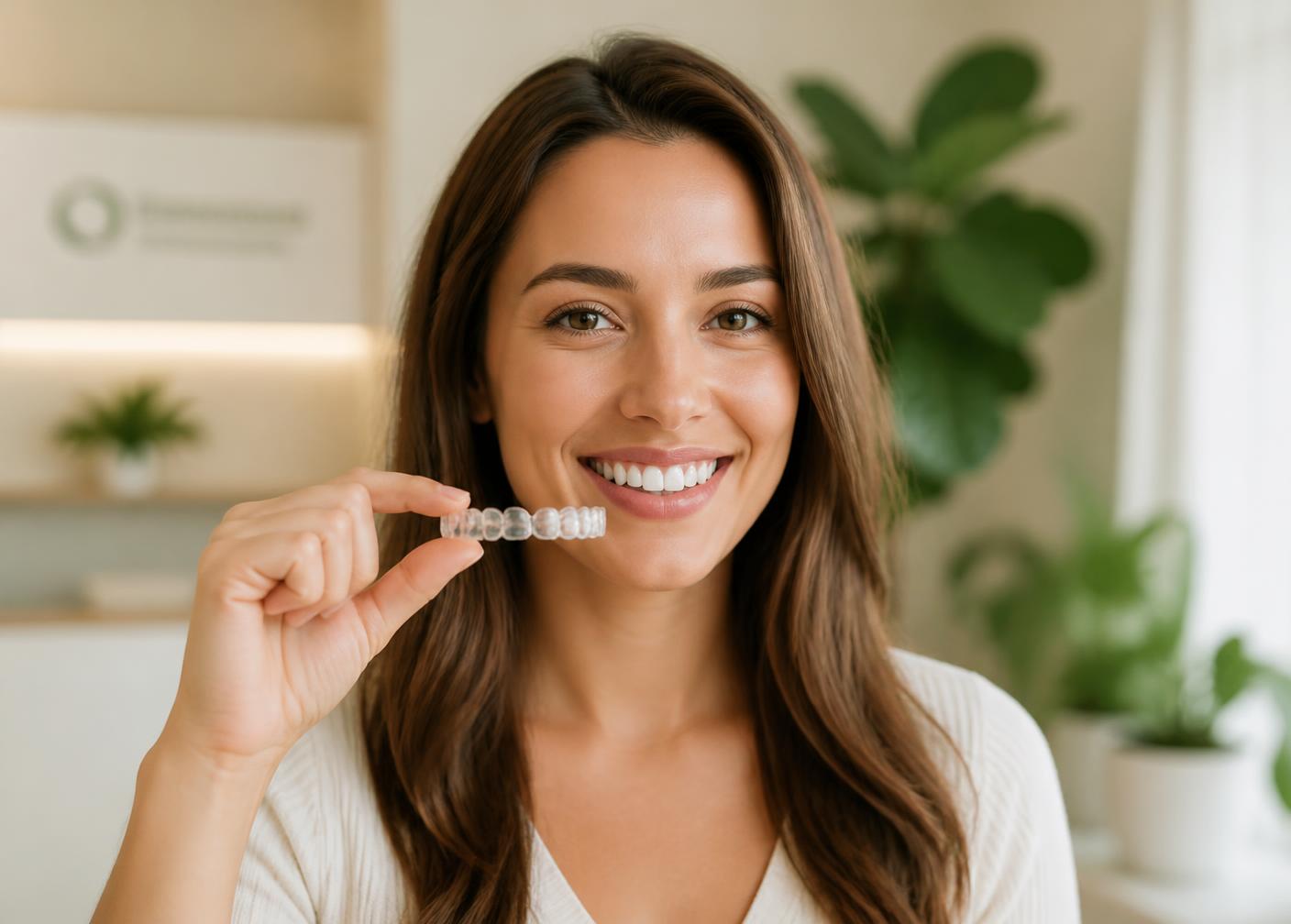 Patient holding a clear Invisalign aligner